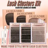 HOHADBR 0.05mm Cluster Lashes Kit for Adults, Natural Fluffy Anime Manga Eyelashes Extensions, 10-18mm Waterproof Bond & Seal, Lash Applicator, Thick False Eye Makeup Makeup Products Set,familyfun