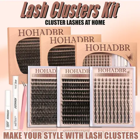 HOHADBR 0.05mm Cluster Lashes Kit for Adults, Natural Fluffy Anime Manga Eyelashes Extensions, 10-18mm Waterproof Bond & Seal, Lash Applicator, Thick False Eye Makeup Makeup Products Set,familyfun