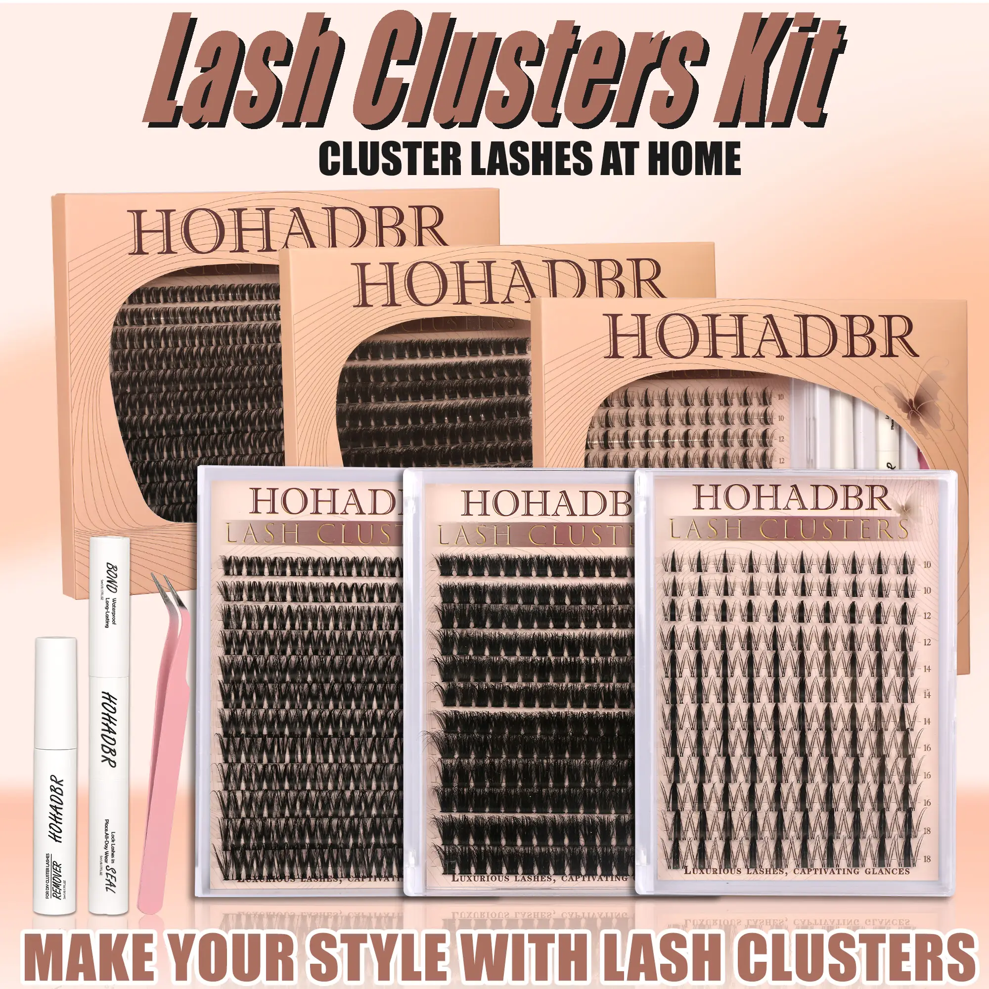 HOHADBR Fairy Lash Clusters Kit Natural Individual Lashes Wispy Eyelash Extensions 8-16mm Lash Extension Kit Lash Bond and Seal Waterproof, Lash Appl