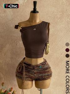 Y2K Aesthetic One-Shoulder Metallic Accent Crop Top & Vintage Fringe Tweed Shorts Set