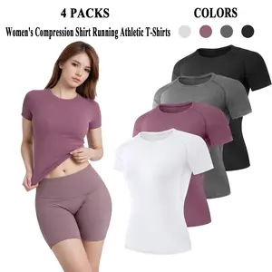 4 Pack Women's Compression Shirt Running Athletic T-Shirts Workout Tops Baselayer Short Sleeve Yoga Gym Sports Gear