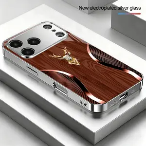 Gold deer head wood grain background high-end silver electroplated phone case suitable for iPhone 17/17 Pro/17 Air/17 Pro Max/16/16 Pro/16 Plus/16 Pro Max/15/15 Pro/15 Pro Max/14/14 Pro/14 PLUS/14 Pro Max/13/13 Pro/13 Pro Max/12/11, full coverage tempered