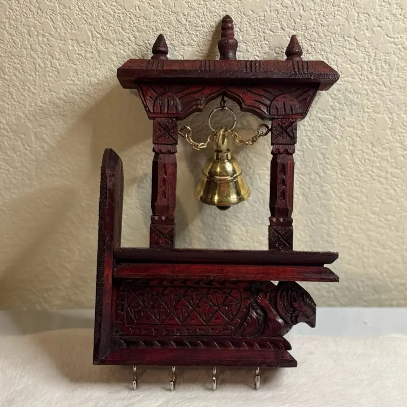 Handcrafted Wooden Key Stand with Brass Bell Brown