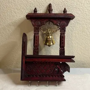 Handcrafted Wooden Key Stand with Brass Bell Brown