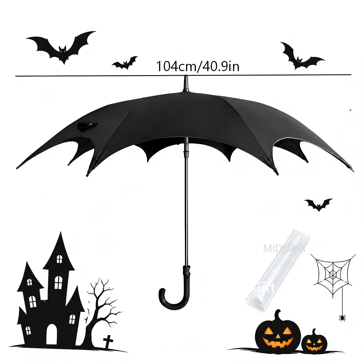 Halloween Decorative Batwing Umbrella Automatic Open Close Long Handle Gothic Punk Style Vinyl Rain Shine Protection Christmas Gift, Cover, Adult, Modest