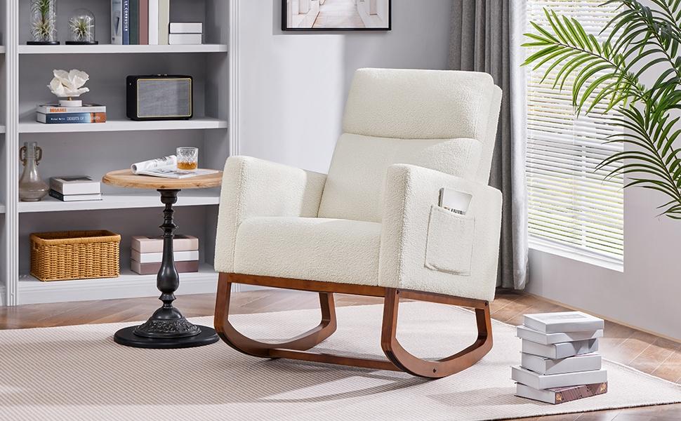 Yaheetech Rocking Chair Upholstered Glider Chair with Solid Wood Legs, Rocking Accent Armchair with High Back and Side Pocket for Living Room Bedroom