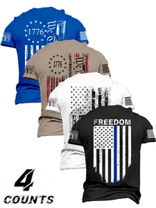 4-Pack Men's Slim Fit Patriotic T-Shirts, American Flag Print Breathable Short Sleeve, Summer Essential, Street Style, Loose-Fitting