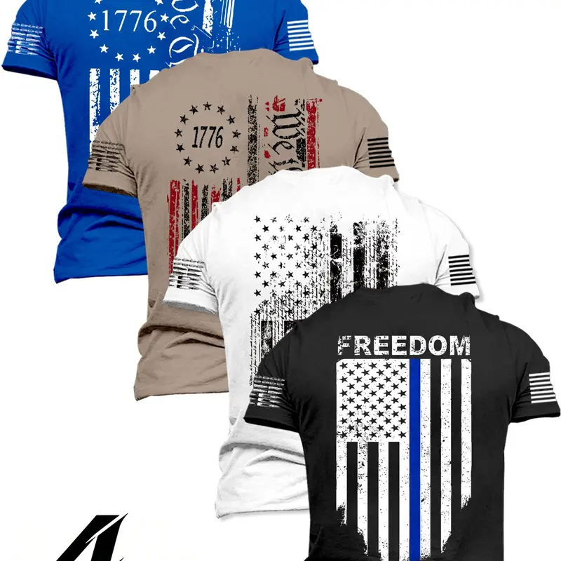 4-Pack Men's Slim Fit Patriotic T-Shirts, American Flag Print Short Sleeve Summer Tops, Casual Streetwear Style Fashion, Casual Summer Clothing