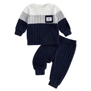 Toddler Baby Boys Girls Outfits Plush Long Sleeve Contrast Sweatshirts Tops Pullover + Elastic Waist Solid Color Pants 2Pcs Tracksuit Kids Fall Winter Clothes Set