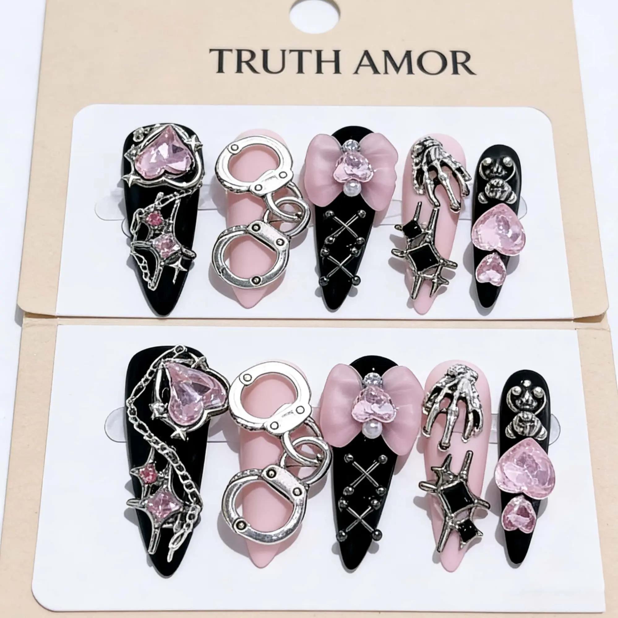 10 Pieces, Nail Art Products, Decorative Nails, TRUTH AMOR Hand-Painted + Mine-Style Y2K Sweet-Spicy Handmade Nails, Nail Art Design, Minimalist Style, Ultra-Thin Removable Press-On Nails, Invisible Bow Pattern, Style for Parties