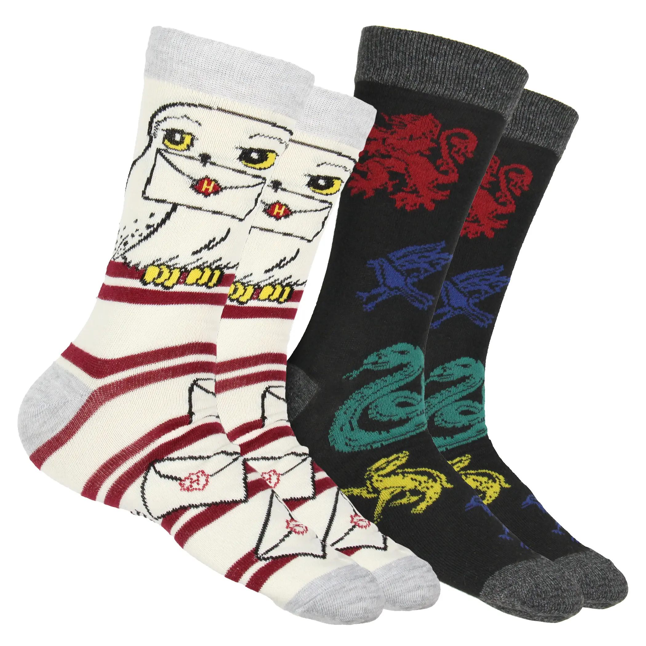 Harry Potter Men's House Mascot and Hedwig Designs 2 Pack Adult Mid-Calf Crew Socks For Men and Women, Love, Jeans