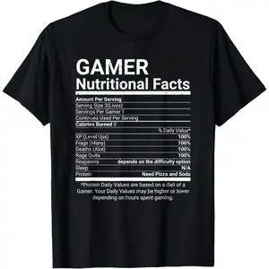 Gamer Nutrition Facts Video Games Computer Nerd Casual Short Sleeve Cotton T-Shirt