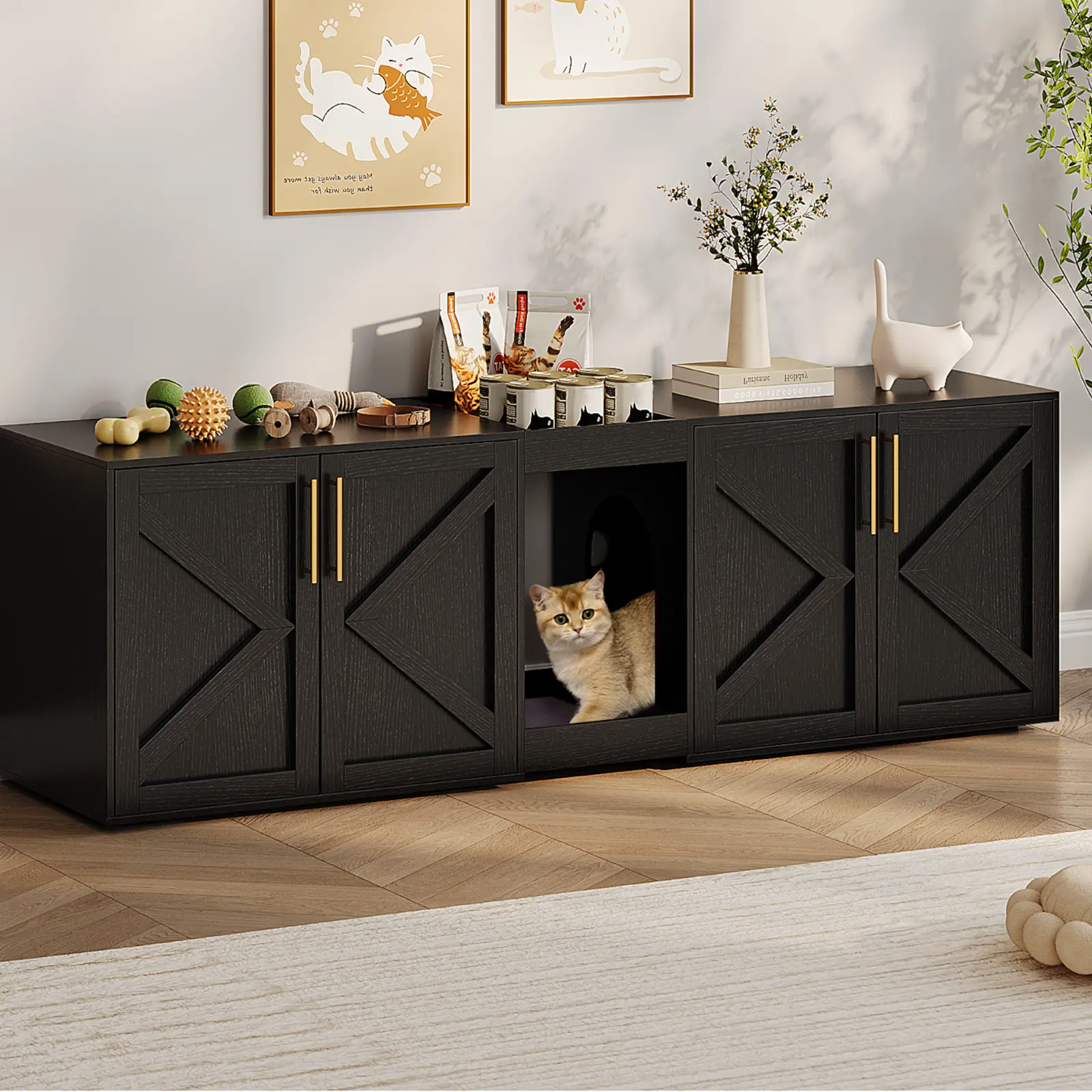 Modern Enclosed Hidden Litter Box - Dual Compartment, Wood-Metal Privacy Furniture, Large Pet Washroom Cabinet with Soft Pad & Odor Control, Easy Access End Table/TV Stand for 2 Cats with Ample Storage