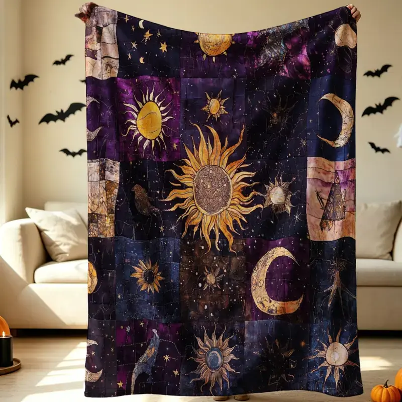 Celestial Sun and Moon Patchwork Flannel Throw - Patch Blankets, Spooky Print Blankets, Machine Washable, All-Season Warm Insulated Nap Piece for Living Room, Halloween, Thanksgiving Decor