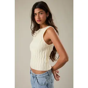 Structured Elegance Boat Neck Sleeveless Sweater - Ivory
