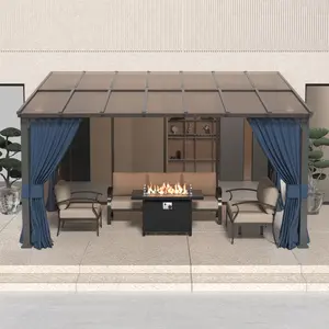 Hard Top Lean to Gazebo ,Wall Mount Heavy Hardtop Gazebo Outdoor Pergola with Curtains and Netting for Patio Garden Lawn Backyard Deck