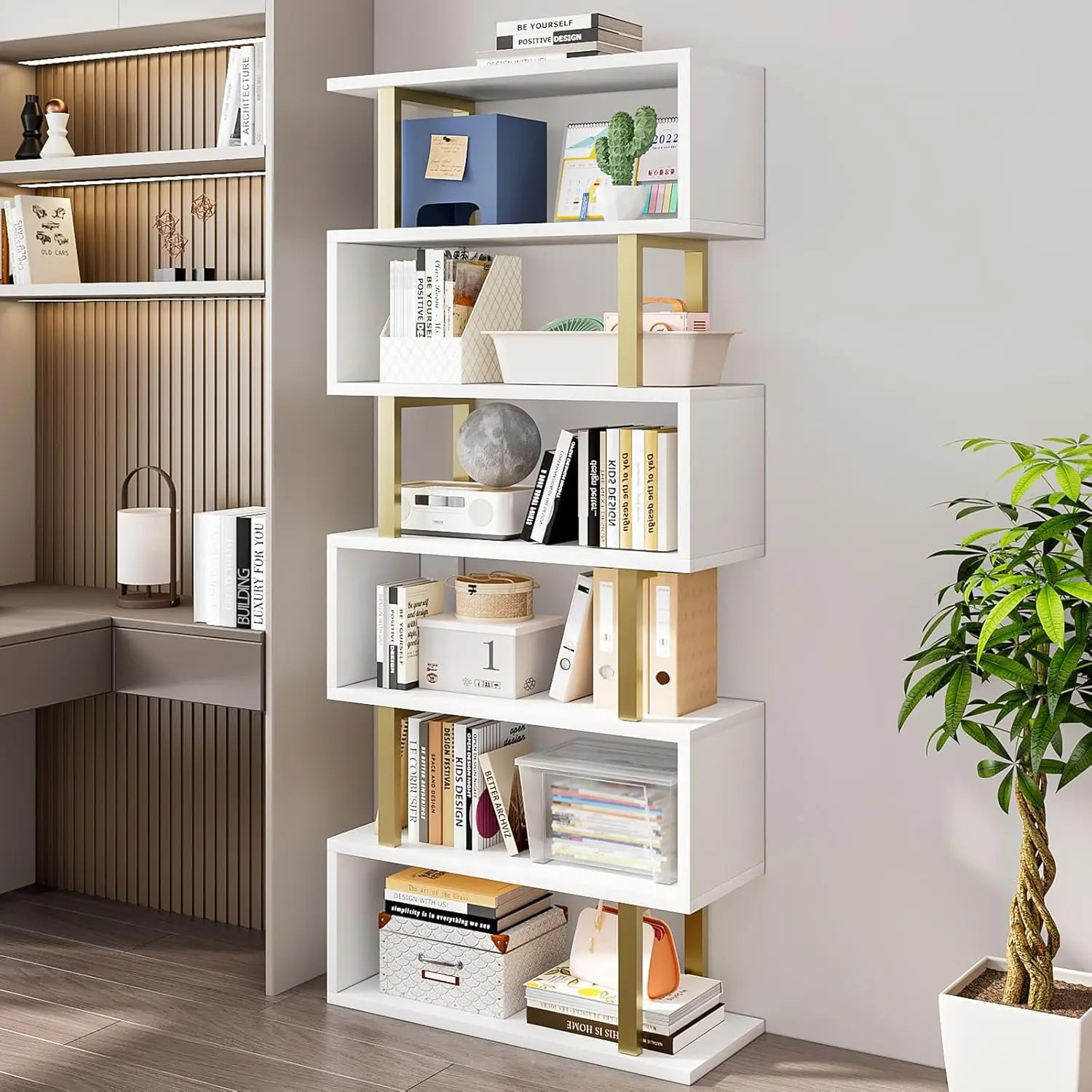 INGIORDAR 6-Tier Industrial Geometric S-Shaped Home Office Furniture Bookcase, 6 Open Cubes, Adjustable Shelves, Anti-Falling Design, Classic Symmetrical Structure, Corrosion-Resistant Storage Display Stand (9.3"D x 27.6"W x 74"H) for Living Room, Office,