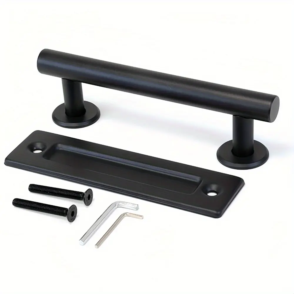 1 piece of double-sided sliding barn door handle, American style - matte black carbon steel, with embedded hardware kit for interior doors and cabinets, modern iron art handle furniture accessory, Interior Door Handles