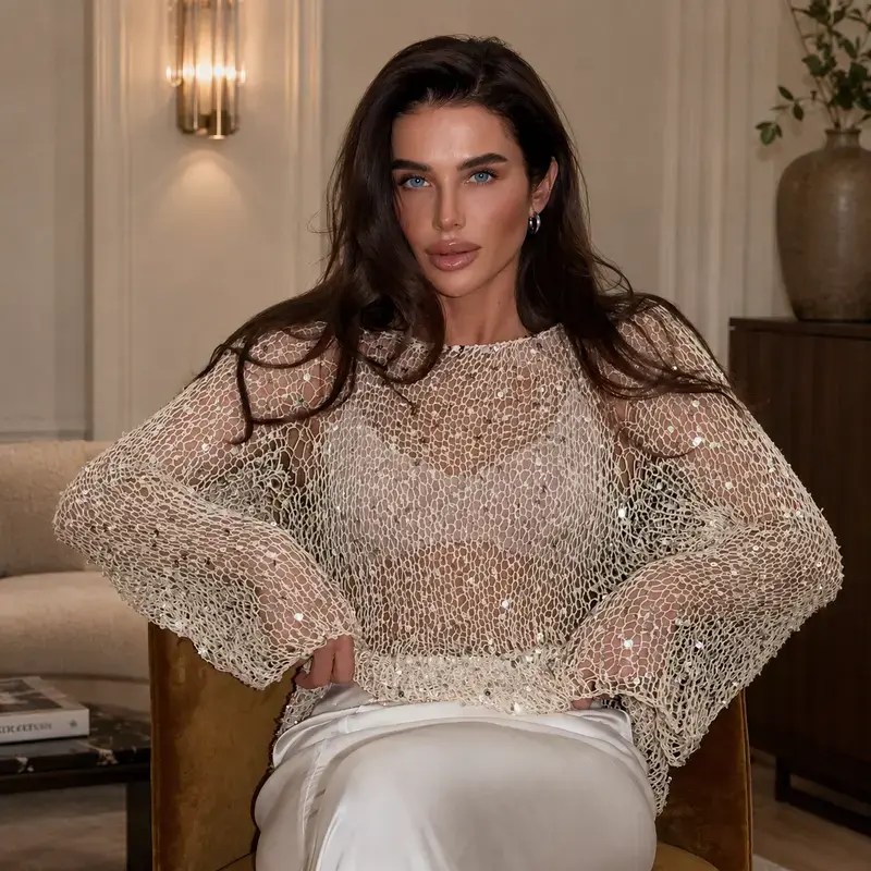 Sexy Sequined Knit Top, Slim-Fit Long Sleeve Top for Women, Unique Boho Style, Elegant Evening Wear !