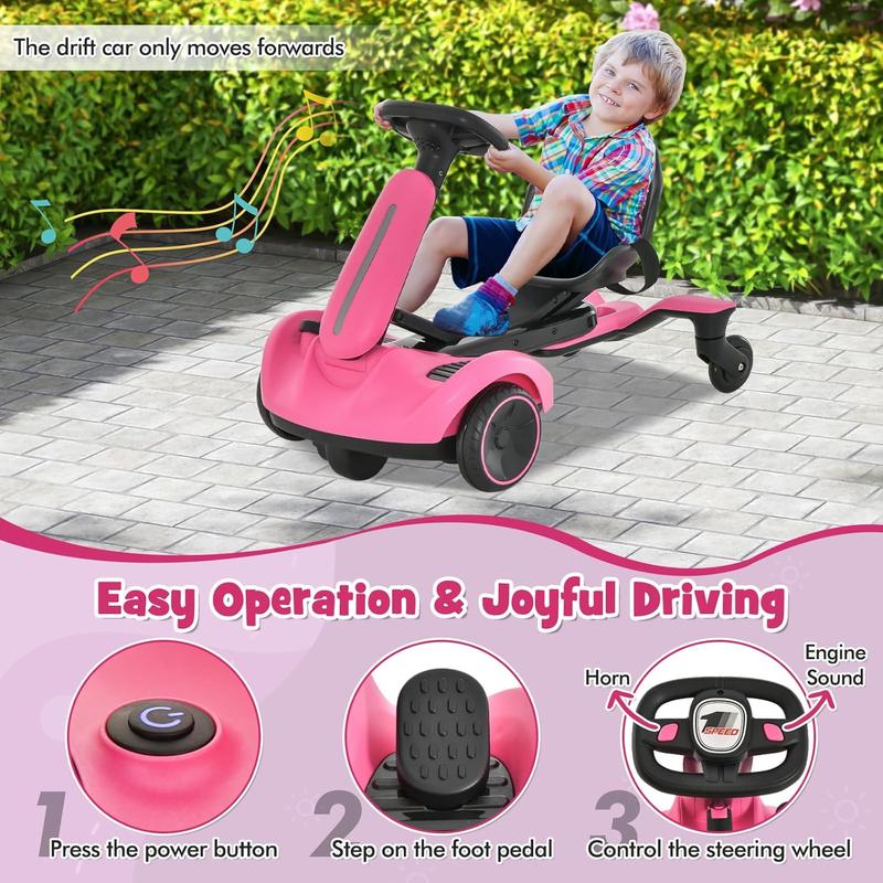 Costzon Ride On Drift Car, 6V Battery Powered Electric Vehicle w/360°Rotatable Universal Wheels, 2-Position Adjustable Seat, Horn, Forward Function