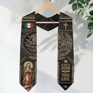 Custom Virgin of Guadalupe Graduation Stole - Personalized Mexico Heritage Graduation Sash Class of 2026 - Black & Gold Aztec Eagle Graduation Stole - Religious Latino Graduate Gift