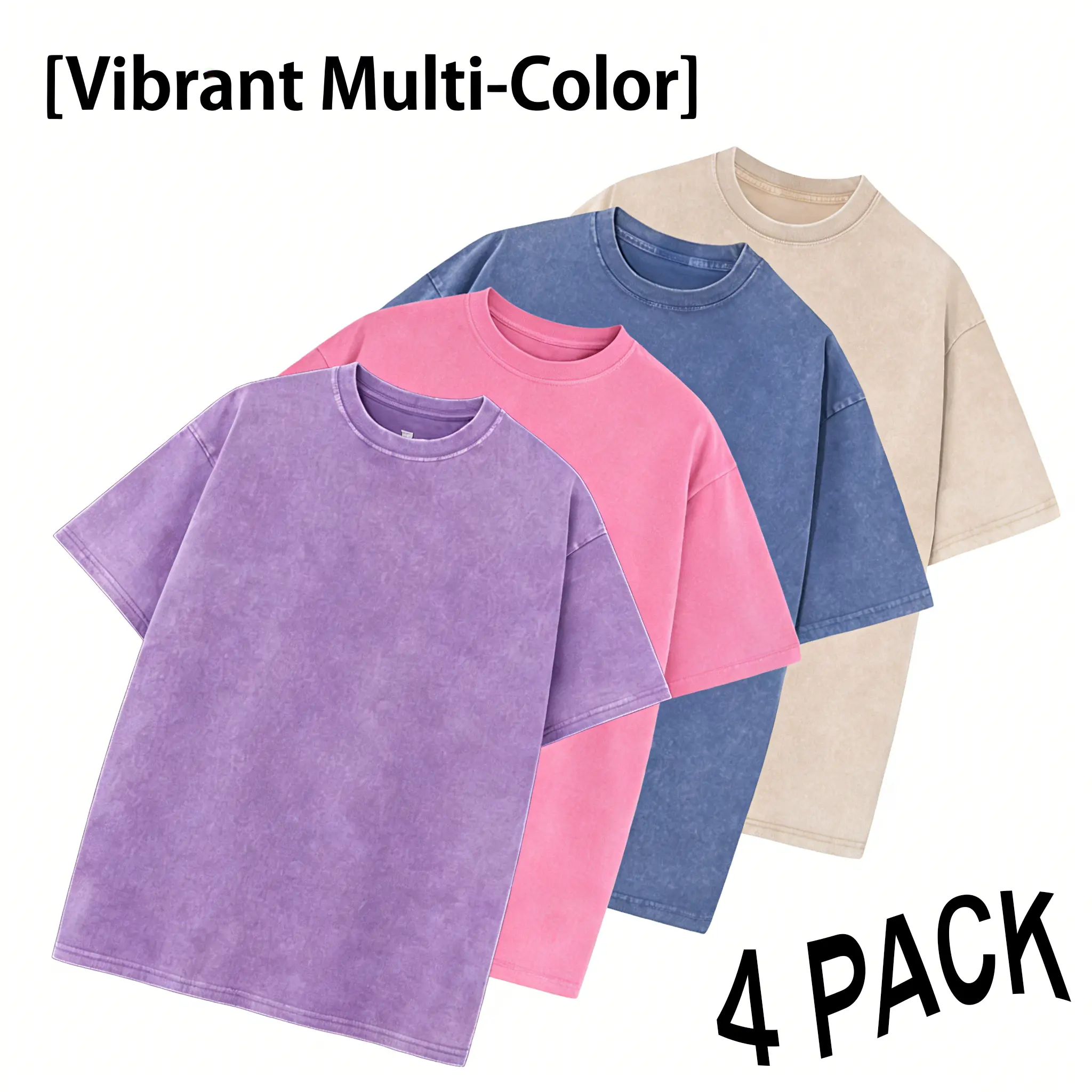 Women's 4-Pack Acid Wash T-Shirt Bundle, Unisex Oversized Heavyweight Cotton Tops, Soft Vintage Round Neck Shortsleeve Baggy Breathable Plain Streetwear Tees