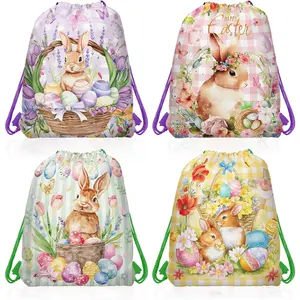 12Pcs Easter Drawstring Bags, Cartoon Colorful Bunny Egg Treat Bags, Easter Theme Favor Bags for Baby Shower Kids Girls Boys Birthday Decorations 10.6 x 13.4 inch