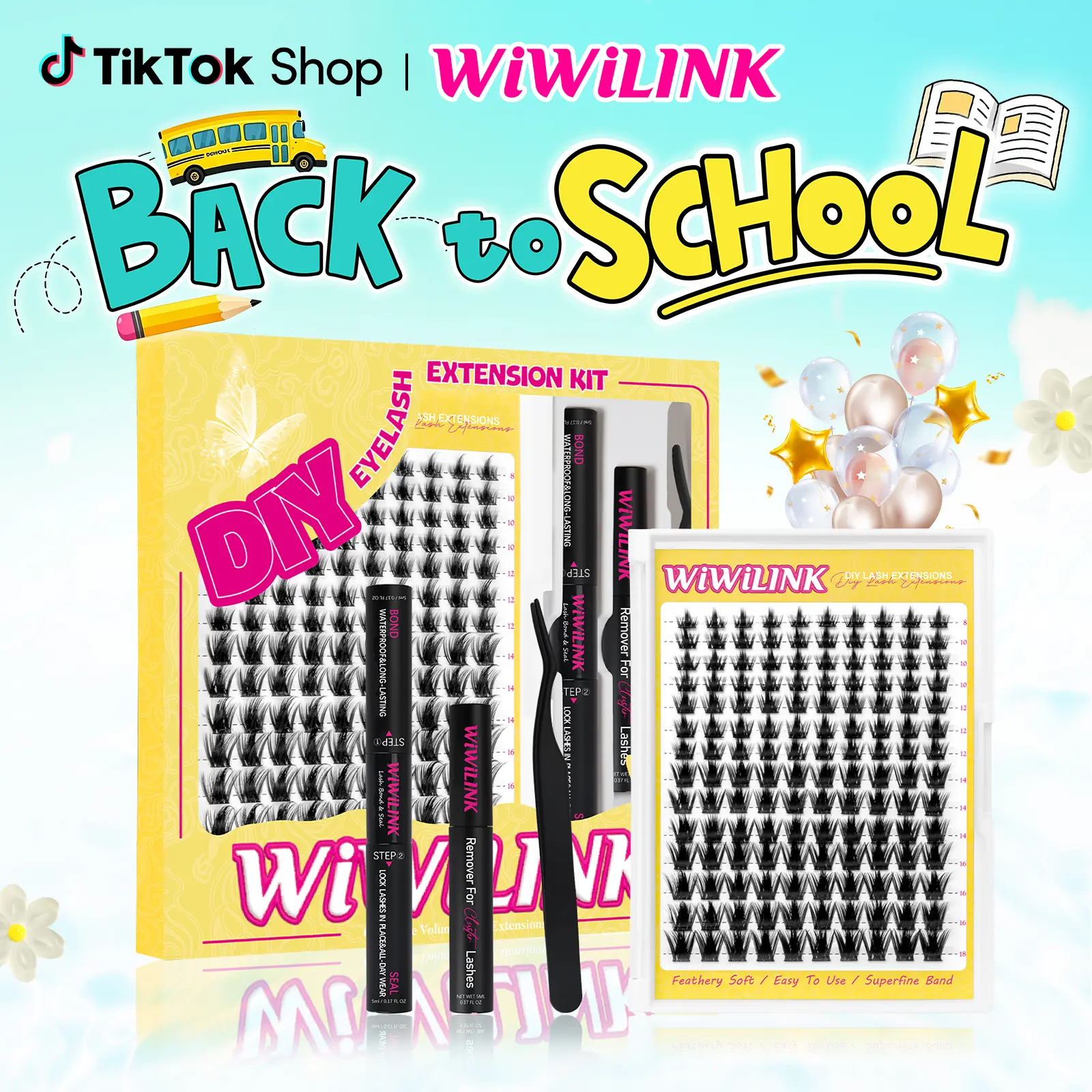 WiWiLink Sunset Manga Lashes Cluster C D Curl DIY Lash Extension Kit and Lash Clusters 8-18mm with Bond Seal and Remover - Ultra-Thin Transparent Bands, Lash Magic Anime False Lash Extension Kit