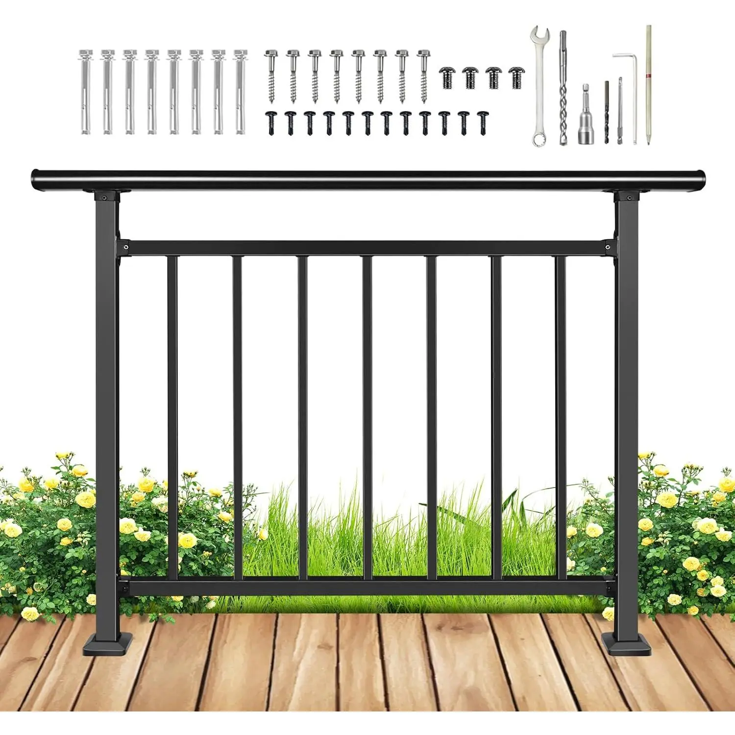 Upgraded Horizontal Iron Deck Railing Kit, 40in High x 48in Wide Black Heavy-Duty Outdoor Protective Fence Handrail, Suitable for Porches, Balconies, Decks, 40 Inches High