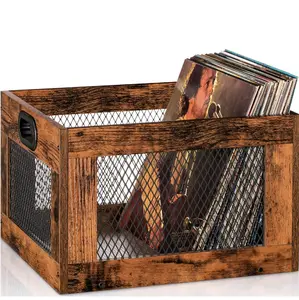 Vinyl Record Storage Crate Wooden Record Holder, Classic Cube Record Organizer Storage 100+ Records, Brown Color Vinyl Record Holder for Albums Super Easy to Assemble