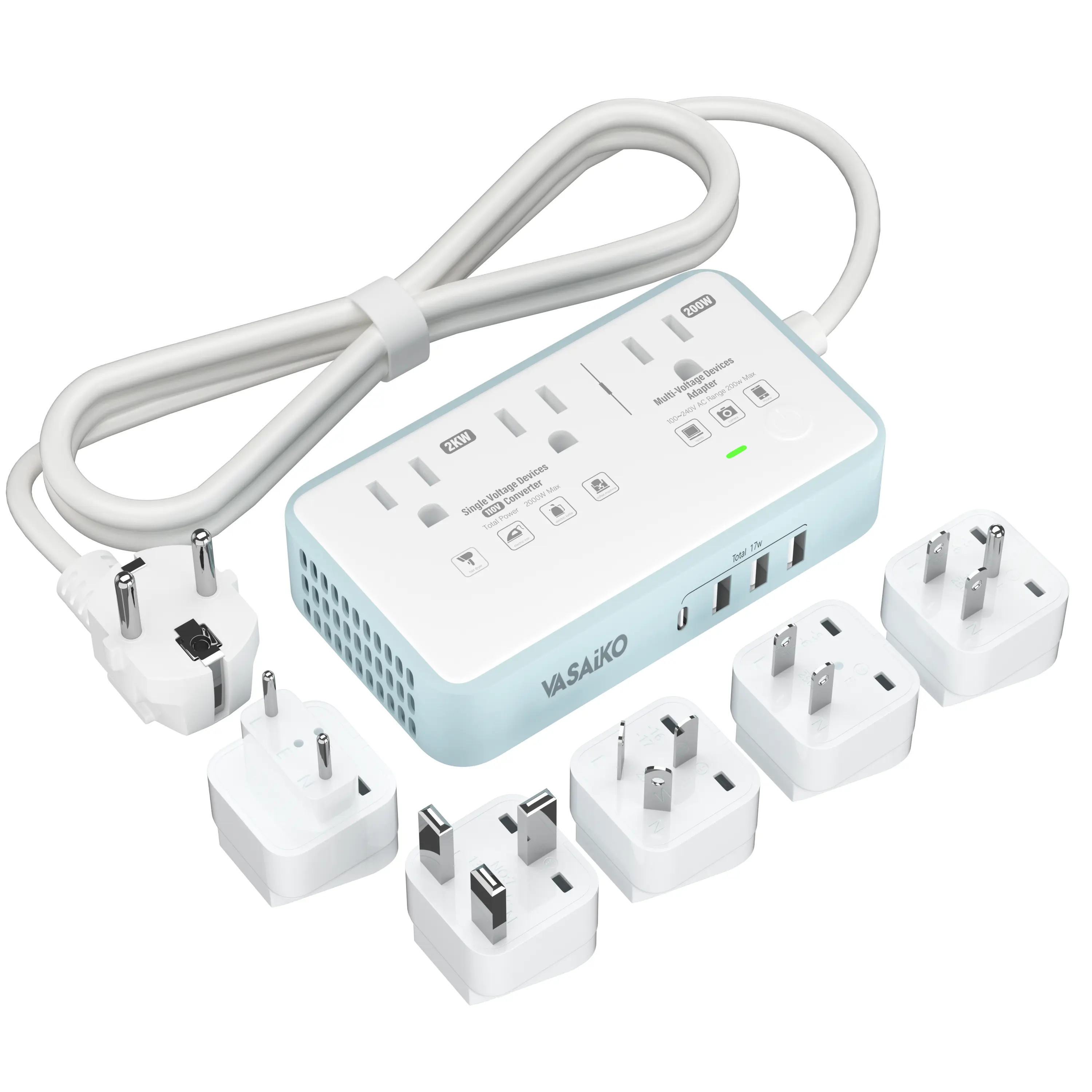 VASAIKO 220V to 110V Voltage Converter US to EU 2000W Max International Power Adapter with 4 USB Charging Ports & Travel Plug Adapters for European Appliances