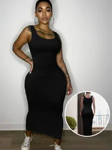 USBoutique Chic Women's Plain U Neck Bodycon Tank Dress, Solid Color Sleeveless Long Dress for Spring & Fall Party Club Beach, Ladies Summer Clothes