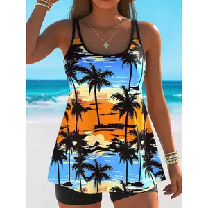 New Two-Piece Tankini for Women Featuring a Beach Sunset Coconut Tree Print, Designed with Conservative Shorts for Swimwear, Tummy Control for a Effect, And Made from High-Quality Materials.