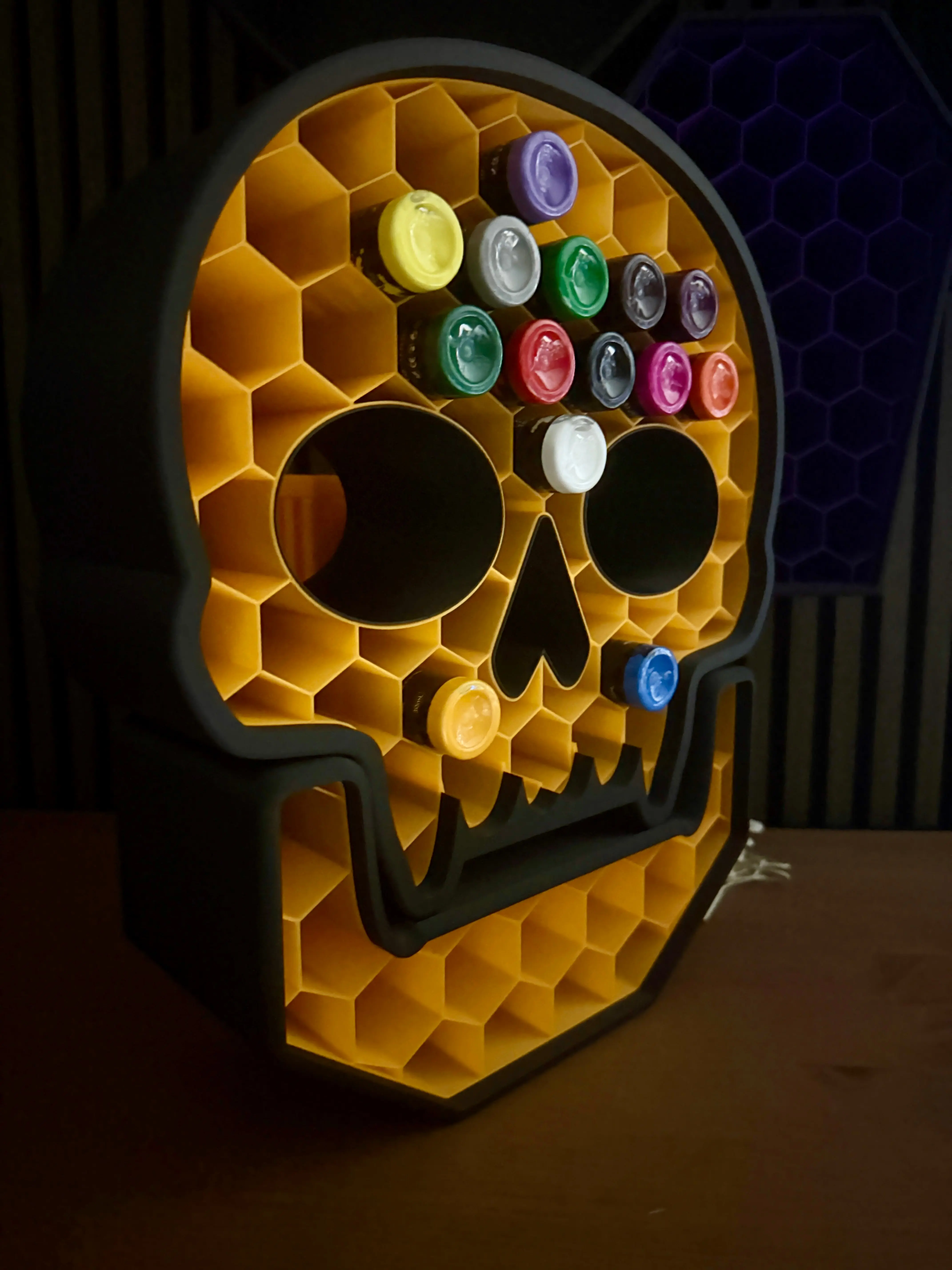 TattRak Skull Modular Tattoo Ink Organiser - Wall-Mount Tool Rack with 2-Section System, Integrated Flat Shelf, Jaw Insert, Toxic-Free Design for 22 Ink Bottles, Modular Tattoo Ink Rack, Two-Section System