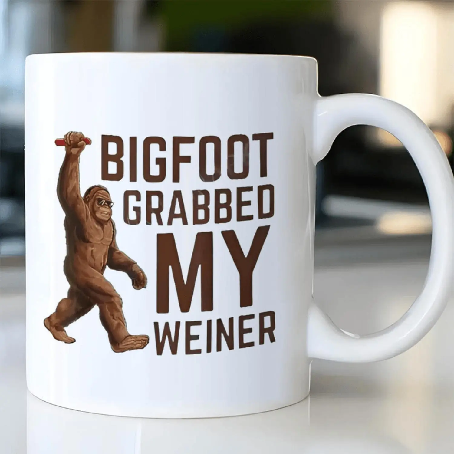 Funny "Bigfoot Grabbed My Weiner" 11oz Ceramic Coffee Mug - White with Sasquatch Design, Perfect for Hot & Cold Drinks, Handwash or Machine Washable, Ideal Gift for Friends & Family, Coffee Bar Accessories