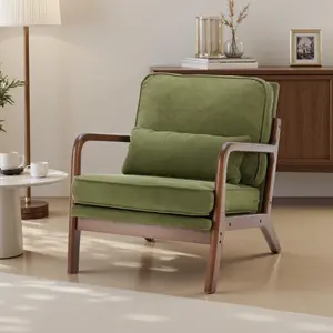 Mid Century Modern Chair, Accent Chair with Arms and Waist Cushion, Reading Chairs for Adults, Lounge Chair for Living Room and Bedroom, Solid Wooden Frame