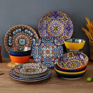 Bohemia 16-Piece Porcelain Dinnerware Set for 4, Bohemia Pattern Ceramic Combination Set with 10.5in Dinner Plate, 8.5in Dessert Plate 32oz Pasta Bowl and 26oz Cereal Bowl Cutlery Tableware
