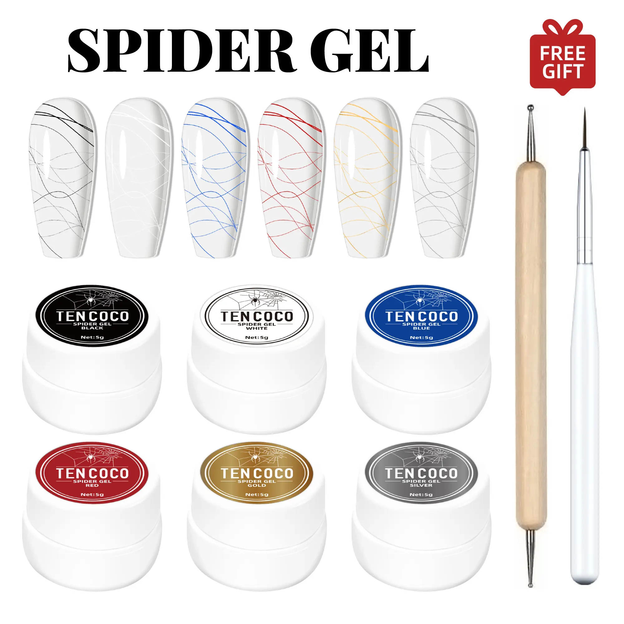 Tencoco Spider Gel Set for Nail Art , 6 Colors Spider Gel Nail Polish Kit, Nail Designs Paint Wire Drawing Gels Polish for Line with Liner Brushe and Dotting Pen, Gift for Women tiktokshopspringglowup #SummerVibes