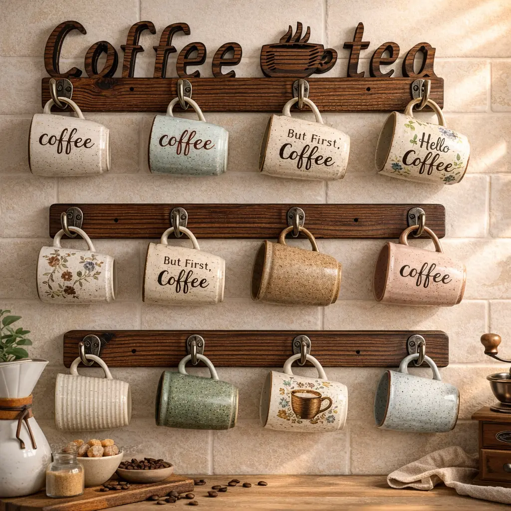 This 3-piece coffee cup holder set includes 12 heavy-duty hooks; a rust-resistant teacup holder, suitable for home décor, space organization, and wall-mounted storage. A perfect Halloween, Christmas, or New Year's gift.