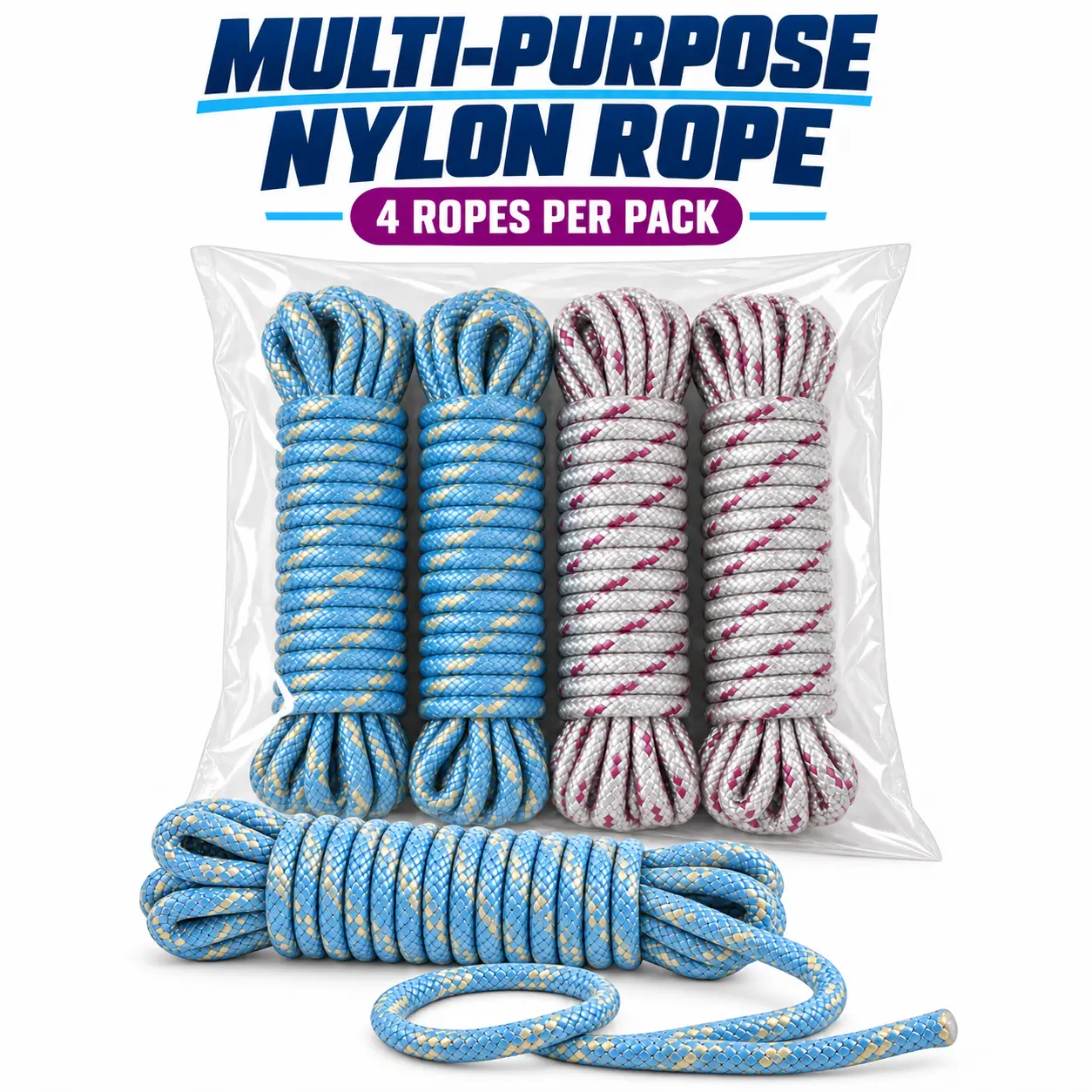 4-Piece Adjustable Nylon Securing Ropes (1-5m Length) - Camping & Home Laundry Lines, Indoors Outdoors Household Essentials (Random Color)