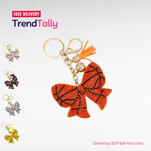 Softball Bow Rhinestone Bag Charm Keychain - Gameday Bling Fashion Accessory Sports Enthusiast Gift | Fast USA Shipping