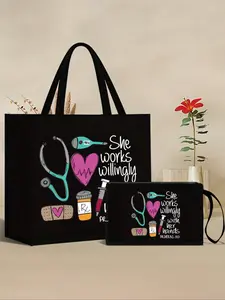 Nurse-themed tote bag and makeup bag set, casual style, fabric material, fixed shoulder strap, printed with stethoscope, heart, syringe, and thermometer patterns, 'She enjoys working with her hands', Stylish Work Bag, Storage Tote Bag