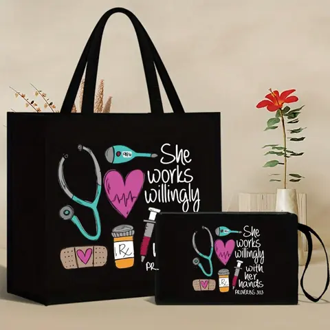 Nurse-themed tote bag and makeup bag set, casual style, fabric material, fixed shoulder strap, printed with stethoscope, heart, syringe, and thermometer patterns, 'She enjoys working with her hands', She Works Willingly