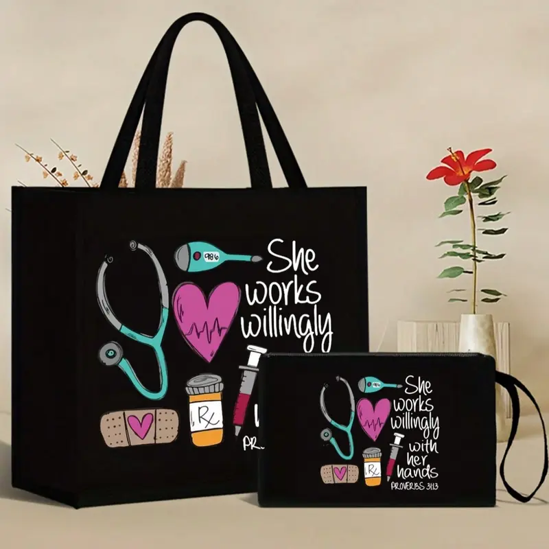 Nurse-themed tote bag and makeup bag set, casual style, fabric material, fixed shoulder strap, printed with stethoscope, heart, syringe, and thermometer patterns, 'She enjoys working with her hands', She Works Willingly