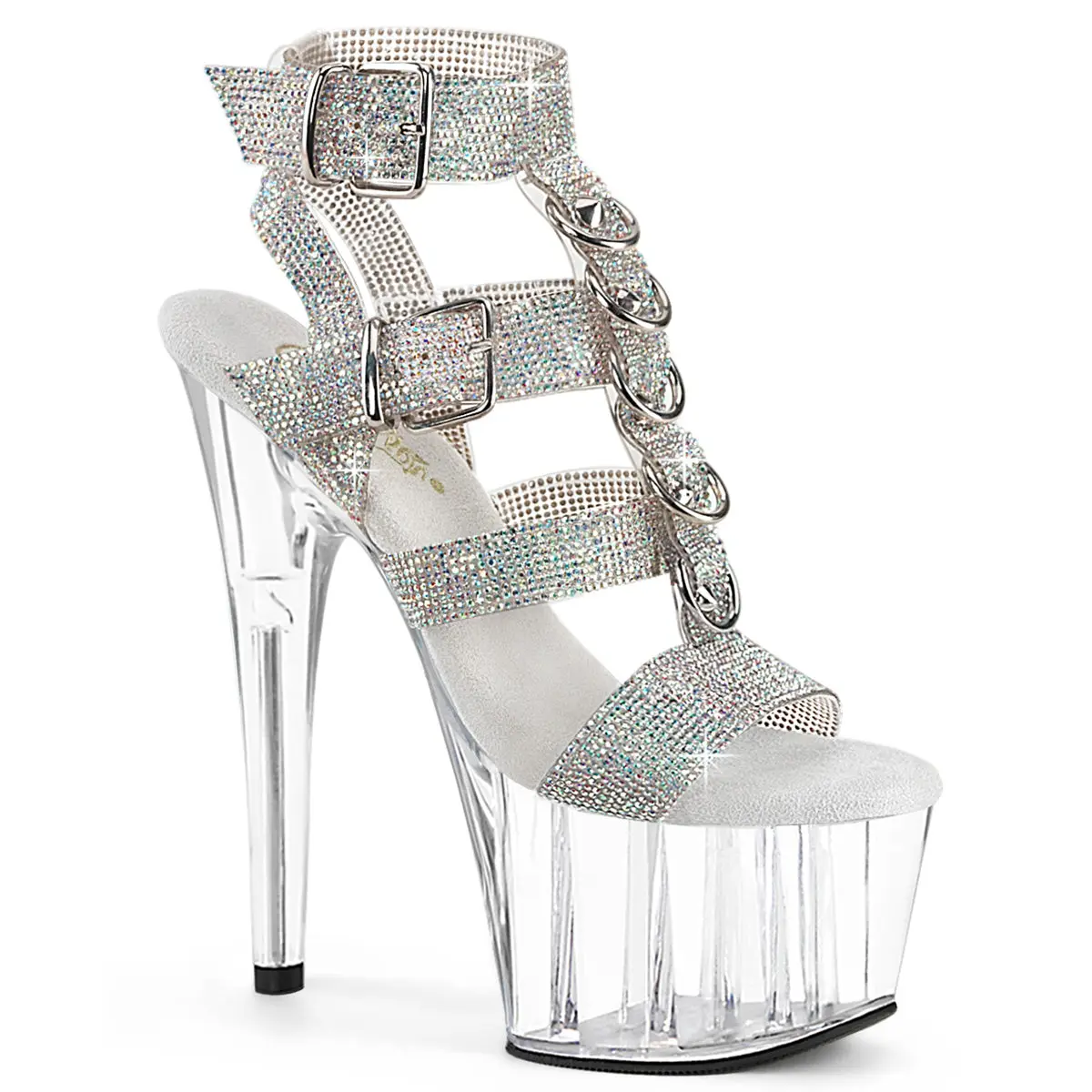 Pleaser Women's Adore-756RS Embellished Platform Sandals - Silver AB Rhinestone/Clear, Strappy T-Strap, Studs, Adjustable Buckle, 7" High Heel, Elegant Party Heels, Statement Shoes, Rhinestone Embellished, 2 3/4" Platform, Footwear, Stiletto, Open Toe, Ta