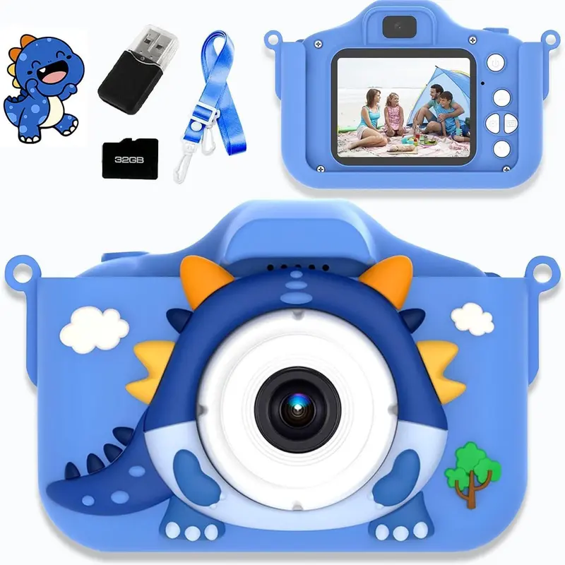 Kids' Adorable Dinosaur Design Digital Portable Point & Shoot Camera - Includes 32GB Memory Card, Cute Pocket Video Recorder Toy, Cell-Compatible, Waterproof ABS Plastic Body, Wide Angle, Automatic, Ideal Birthday Under $30 Gift