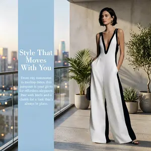 Sexy Deep V Neck Wide Leg Jumpsuit Women Summer Sleeveless Backless Vintage Elegant Color Blocking Romper, Linen Jumpsuit with Pockets, Trendy Summer Casual Streetwear