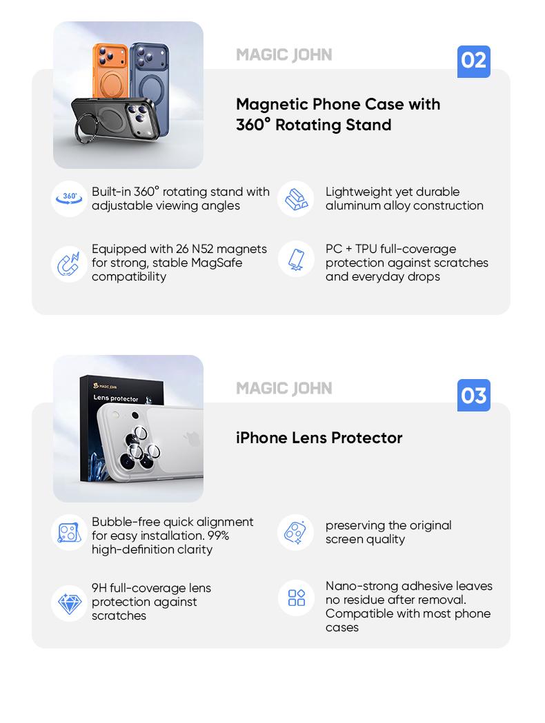 MAGICJOHN Digital Value Bundle for iPhone17/16/15Pro&Pro Max Includes HD or Privacy Tempered Glass Screen Protector, Camera Lens Protector, 360° Rotating Magnetic Stand Phone Case, 45W Super Fast Charger, and 65W USB-C 4-in-1 Charging Cable fathersdaygift