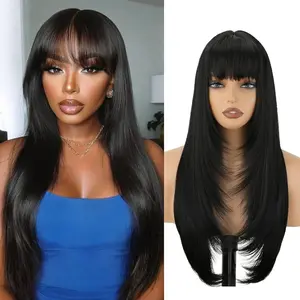 Black 26-inch Long Wig with Bangs for Women - Straight Layered Style, Natural-Looking & Heat-Resistant Synthetic Hair for Daily and Party Use