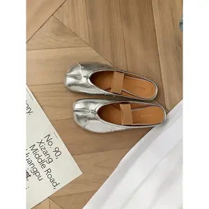 Women's Split-Toe Ballet Flat Mules, Elastic Strap, Crinkled Leather Slip-On Shoes, Trendy Designer Style for American Fashion Lovers